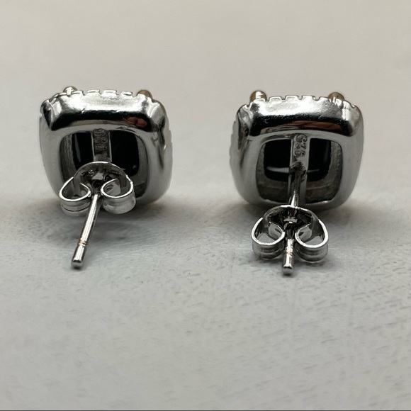 925 Sterling Silver Cushion Cut Black Onyx Diamond Halo Elegant Stud Earrings - Picture 8 of 15